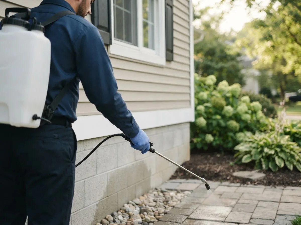 Pest control technician inspecting a home in Mount Auburn, IL